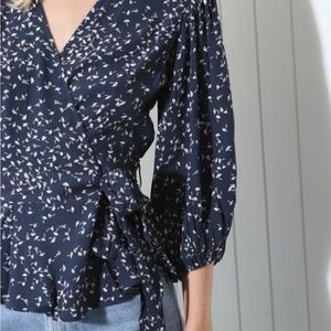 Ganni Dark Blue Floral Wrap Blouse